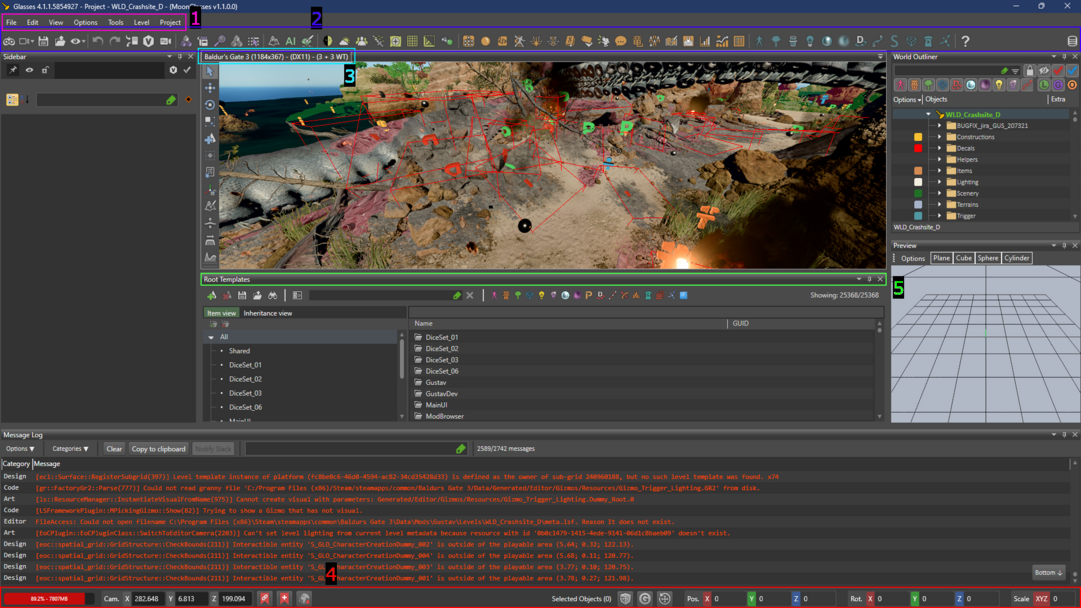 Title: Glasses 4.1.1.5854927 - Project - WLD_Crashsite_D - (MoonGlasses v1.1.0.0). Below: menu bar bordered in magenta labeled 1. Below: Toolbar bordered in purplish blue labeled 2. Below: tab title, "Baldur's Gate 3 (1184x367)", bordered in cyan labeled 3. Below: docked window, "Root Templates", bordered in lime labeled 5. At the very bottom: bottom bar, bordered in red and labeled with 4.